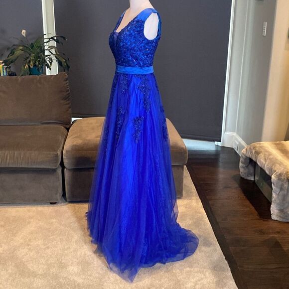 Women’s Blue Full Length Prom Party Dress with Small Train & Corset Back Size 6 - Picture 5 of 12